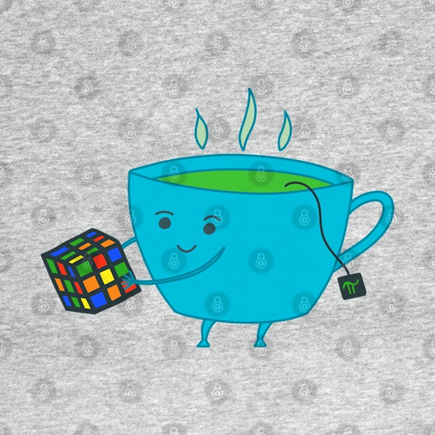 A Cup of Tea Solves Everything - cute blue tea cup with Rubik cube by Green Paladin